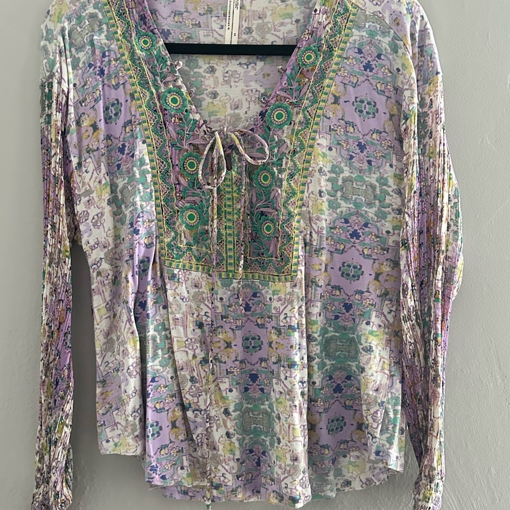 Anthropologie Lavender Floral-Print Embroidered Tie-Front Long Sleeve Top
